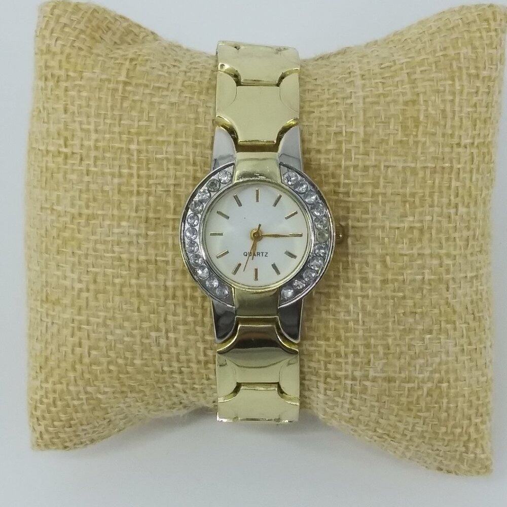 Women's Gold Tone Wristwatch Rhinestone Round Bracelet White